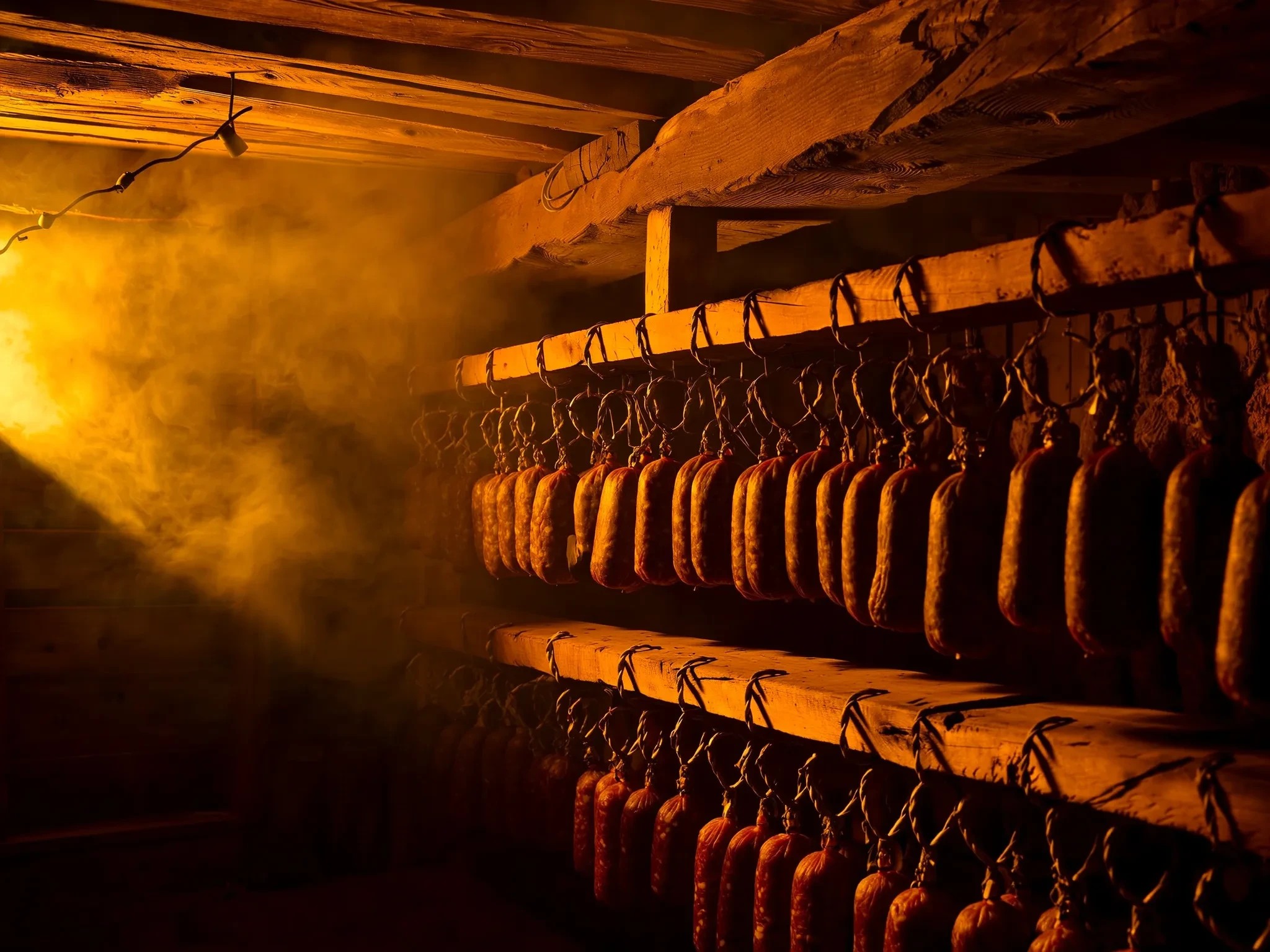 Salami-Sticks hängen im warmen Buchenholzrauch, Lichtstrahlen brechen durch den Rauch